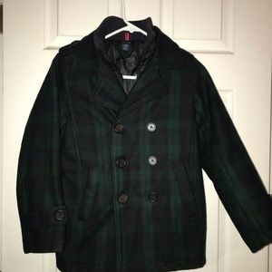 Tommy Hilfiger Green and Black Plaid Boys Pea Wool (insulated) Coat Sz S 8/10